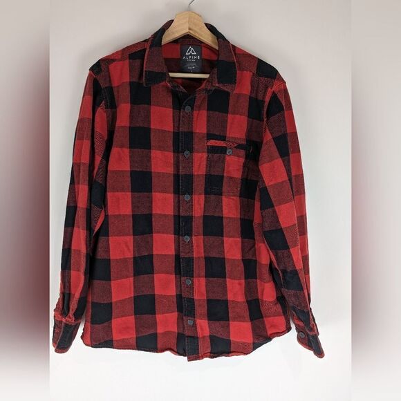 Alpine Design Mens Red & Black Classic Flannel Button Down Collared Shirt Large - Picture 1 of 4